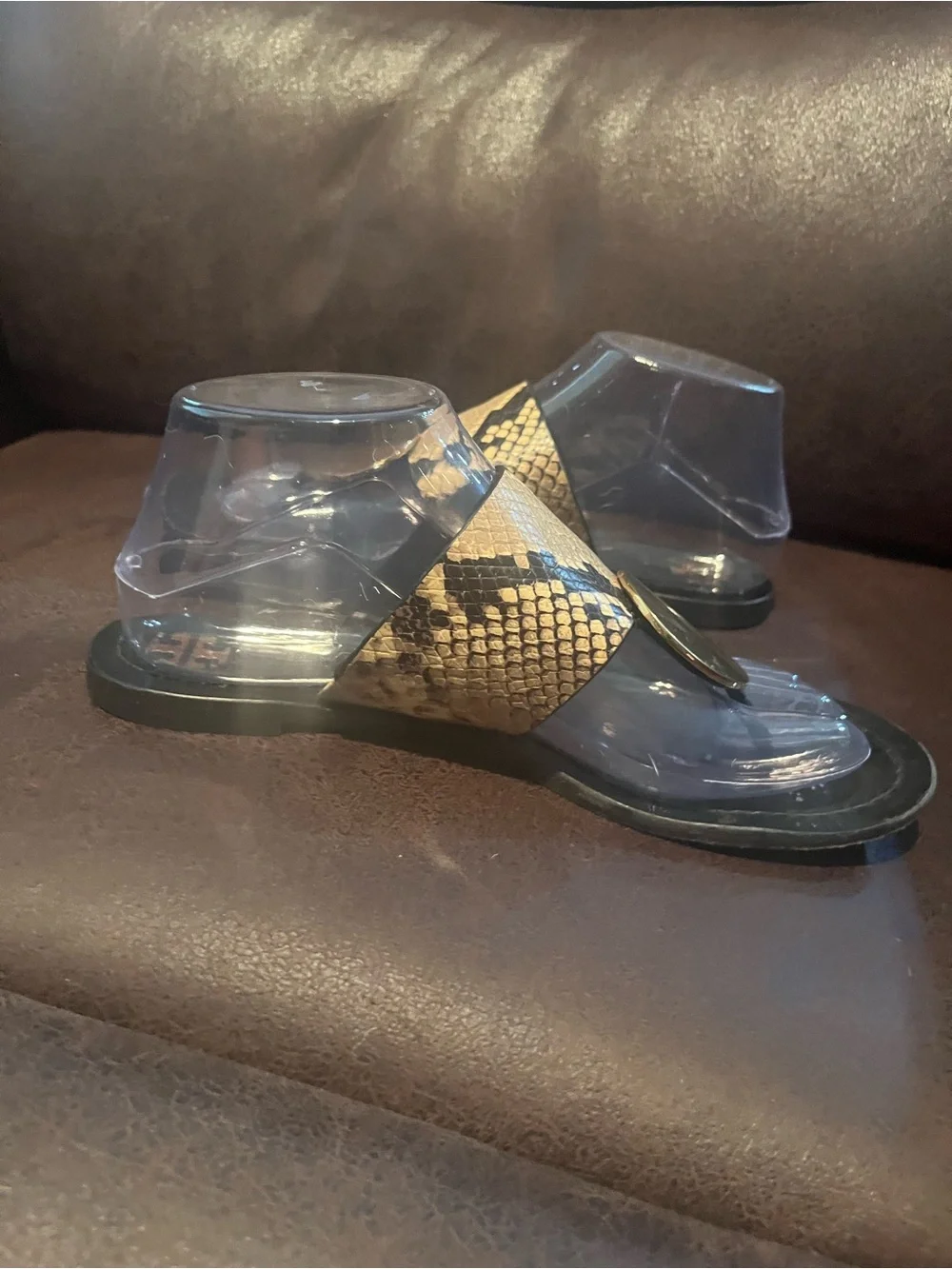 Tory Burch Black & Tan Snake-Print Slide Mules with Gold Disc
